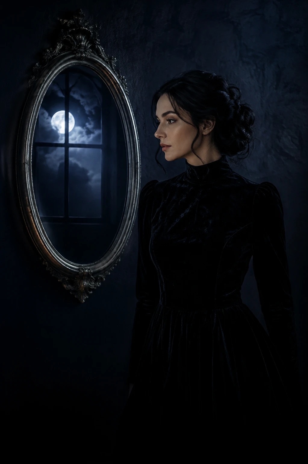 Moonlit witchcore portrait in an antique mirror